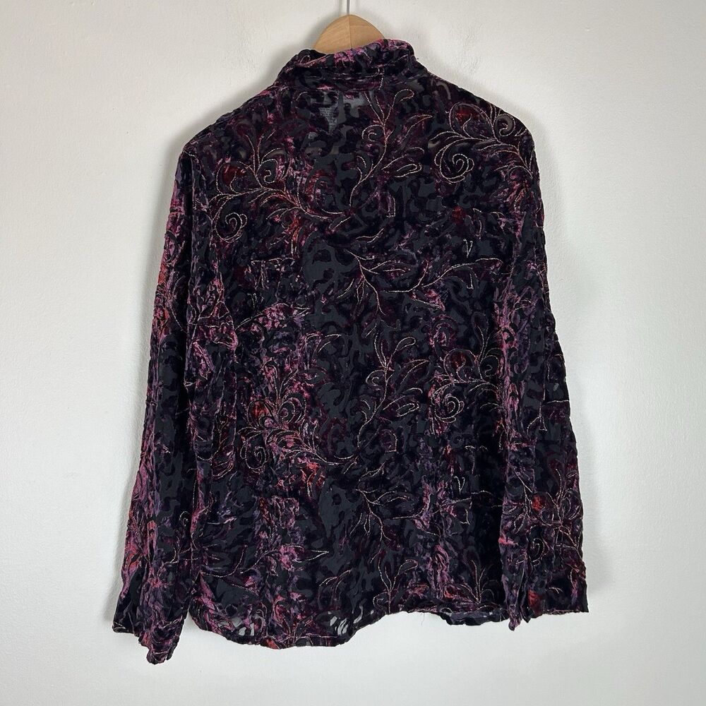 XL Velvet Burnout Button Up Shirt Top Blouse Vintage Burgundy Artsy Sheer Grunge - Picture 2 of 4